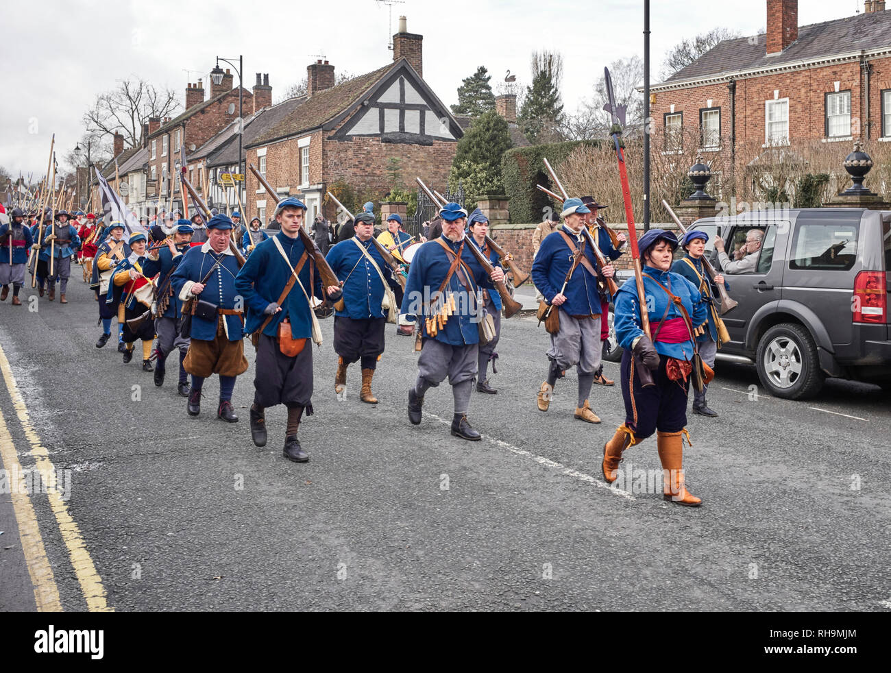 Members of the Sealed Knot march down Welsh Row  at the 2019 Battle of Nantwich re-enactment Stock Photo