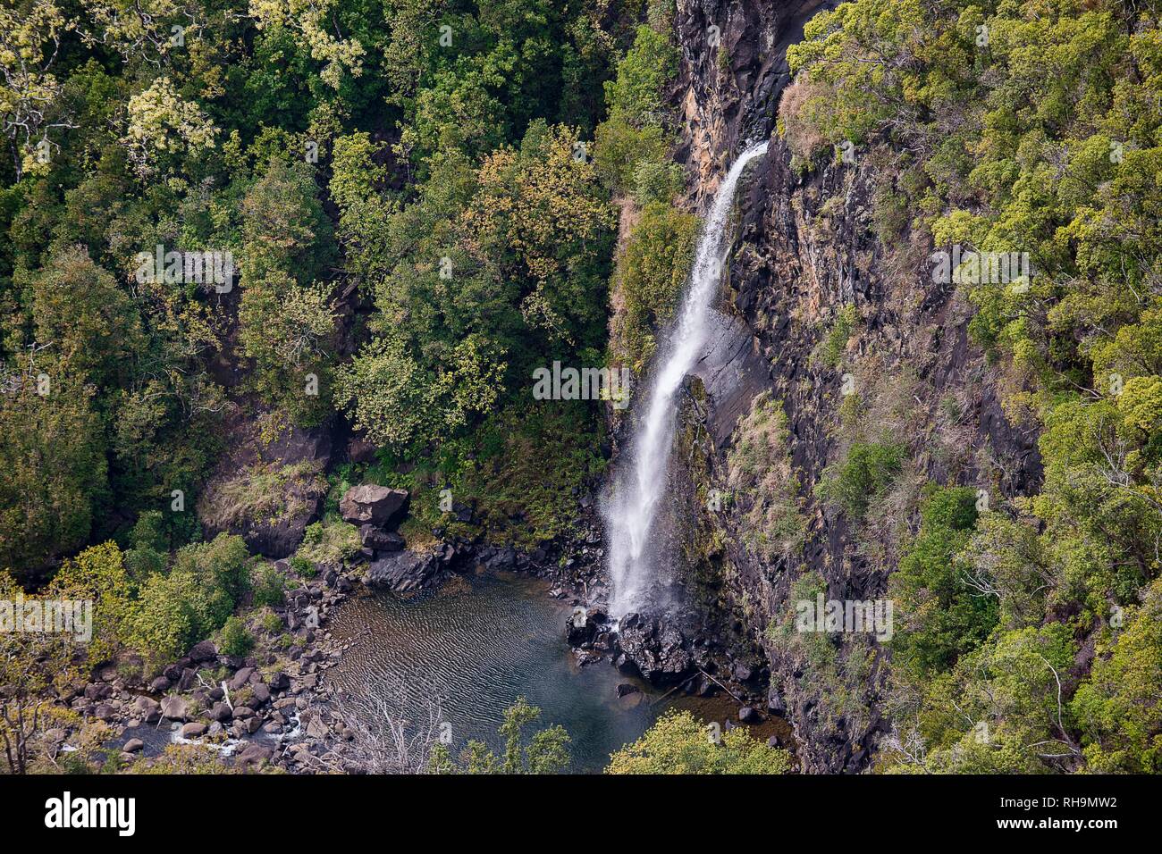 Waterfall in dense vegetation, aerial view, Kaua'i, Hawai'i, Polynesia Stock Photo