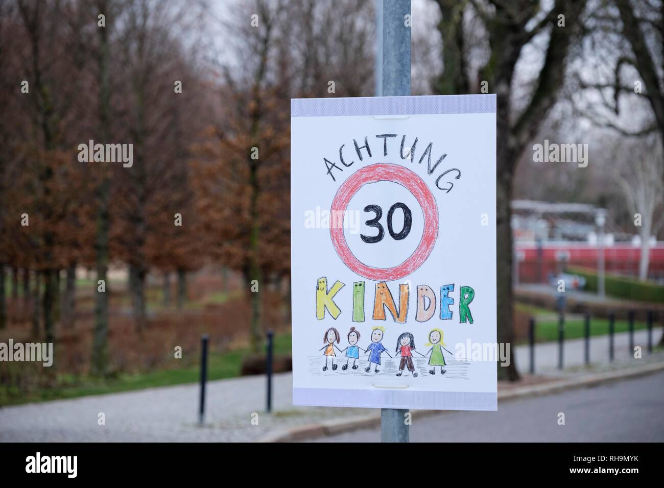 Sign for Tempo 30 in front of Kindergarten, speed limit, Thuringia, Germany Stock Photo