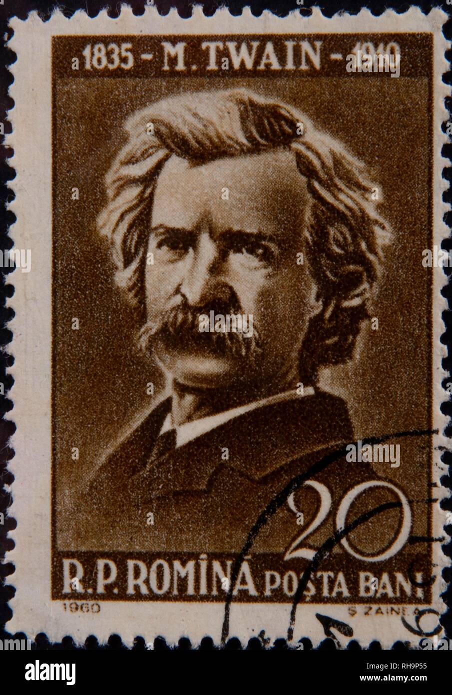 Mark Twain or Samuel Langhorne Clemens, an American writer, portrait on a Romanian stamp, Romania Stock Photo