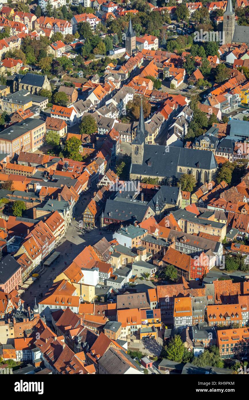 Aerial view, market church Stankt Benedikti, old town, Quedlinburg, Saxony-Anhalt, Germany Stock Photo