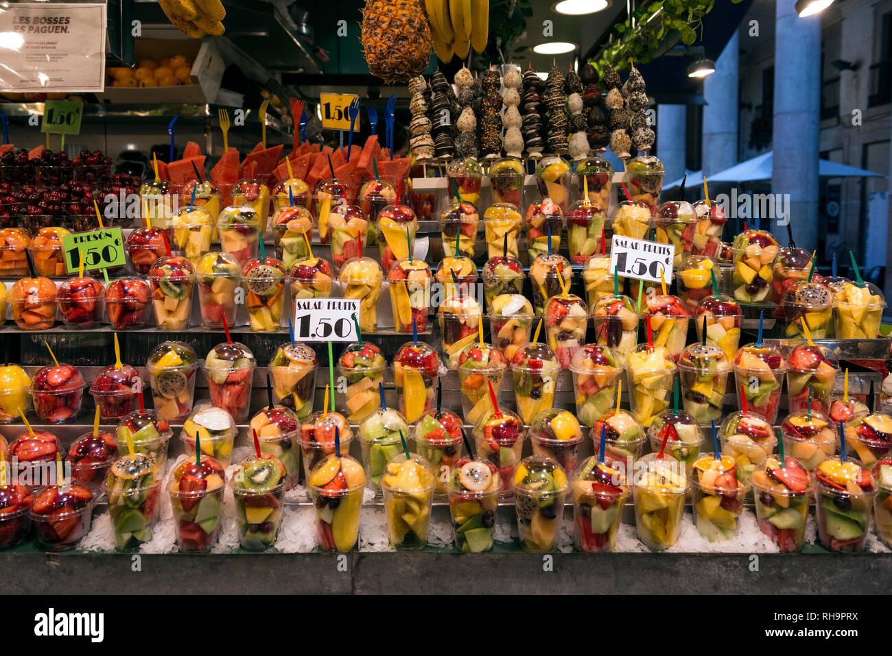 Mugs with freshly fruits for sale, Mercat de la Boqueria or Mercat de Sant Josep, market halls, Barcelona, Spain Stock Photo