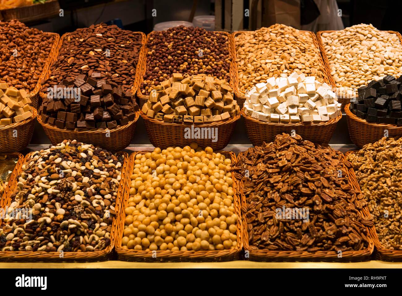 Various nuts and nougat, Mercat de la Boqueria or Mercat de Sant Josep, Market Halls, Barcelona, Spain Stock Photo