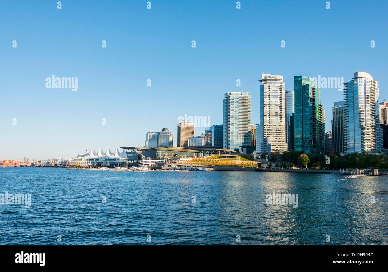 Skyscrapers by the sea, Canada Place on the left, Coal Harbour, skyline of Vancouver, British Columbia, Canada Stock Photo