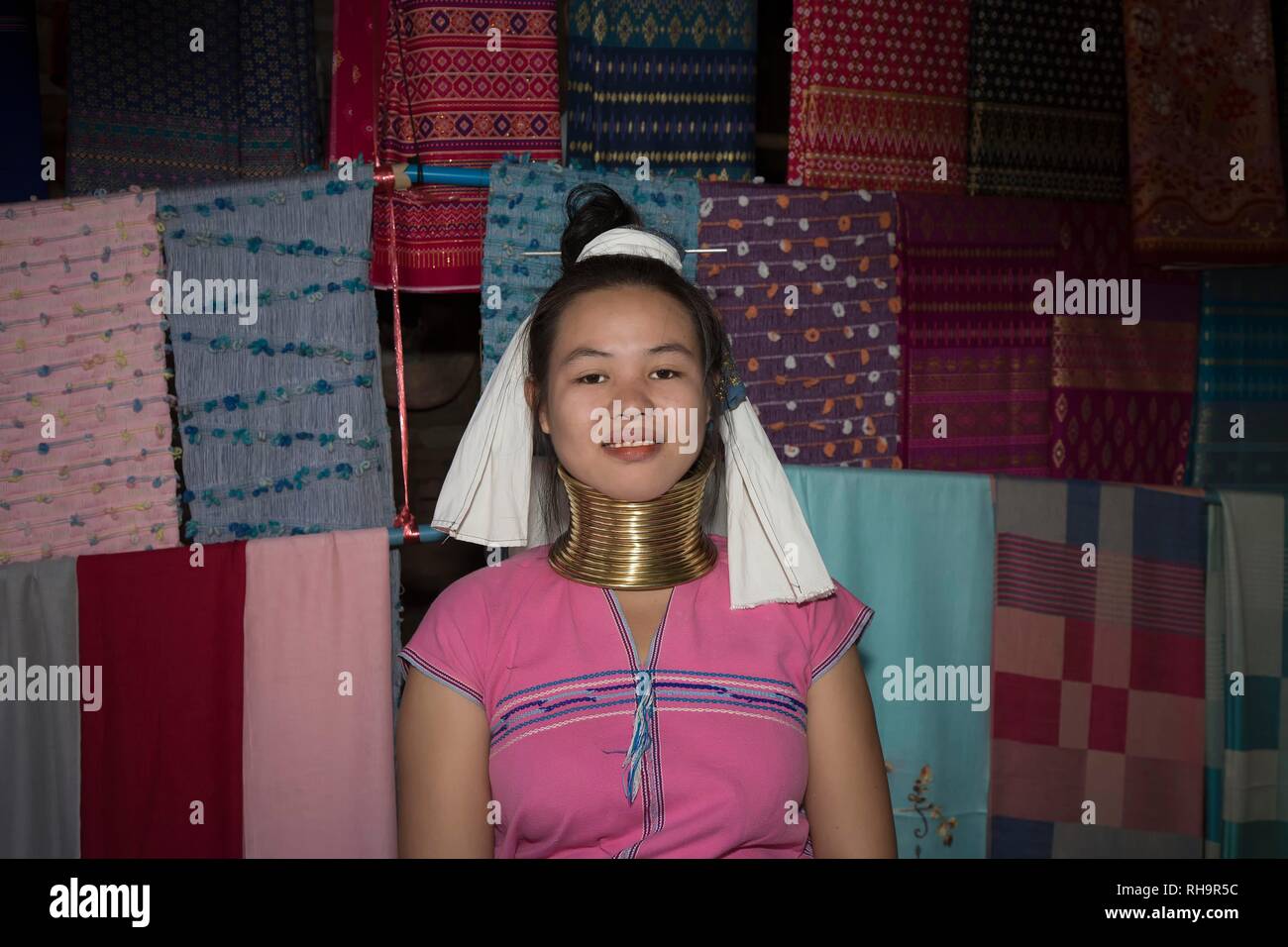 Young woman with neck rings, tribe of the Long Neck Karen, Huay Pu Keng, Mae Hong Son, Thailand Stock Photo