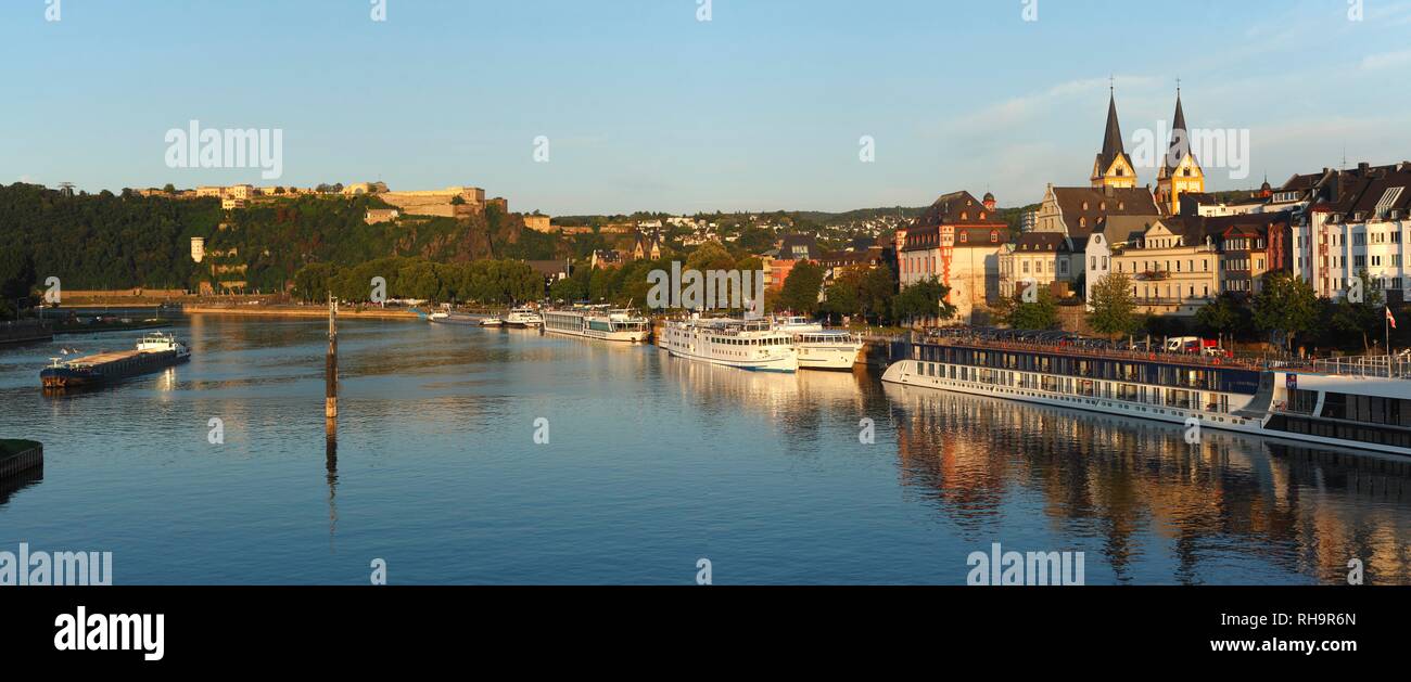 River Moselle with Ehrenbreitstein Fortress and Old Town at Evening Light, Koblenz, Rhineland-Palatinate, Germany Stock Photo