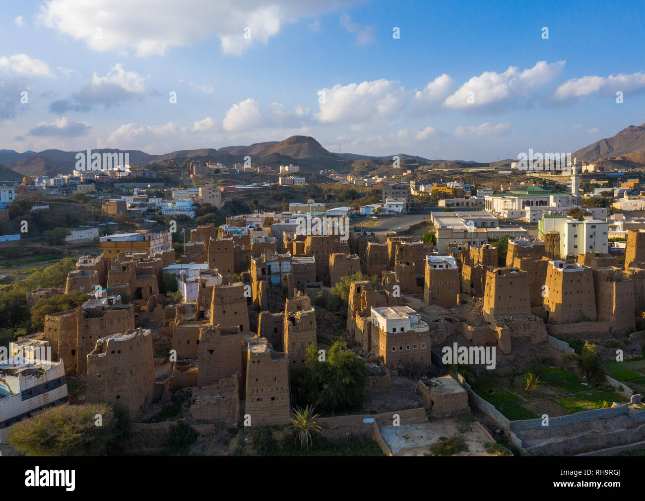 Aerial view of an old village with traditional mud houses, Asir