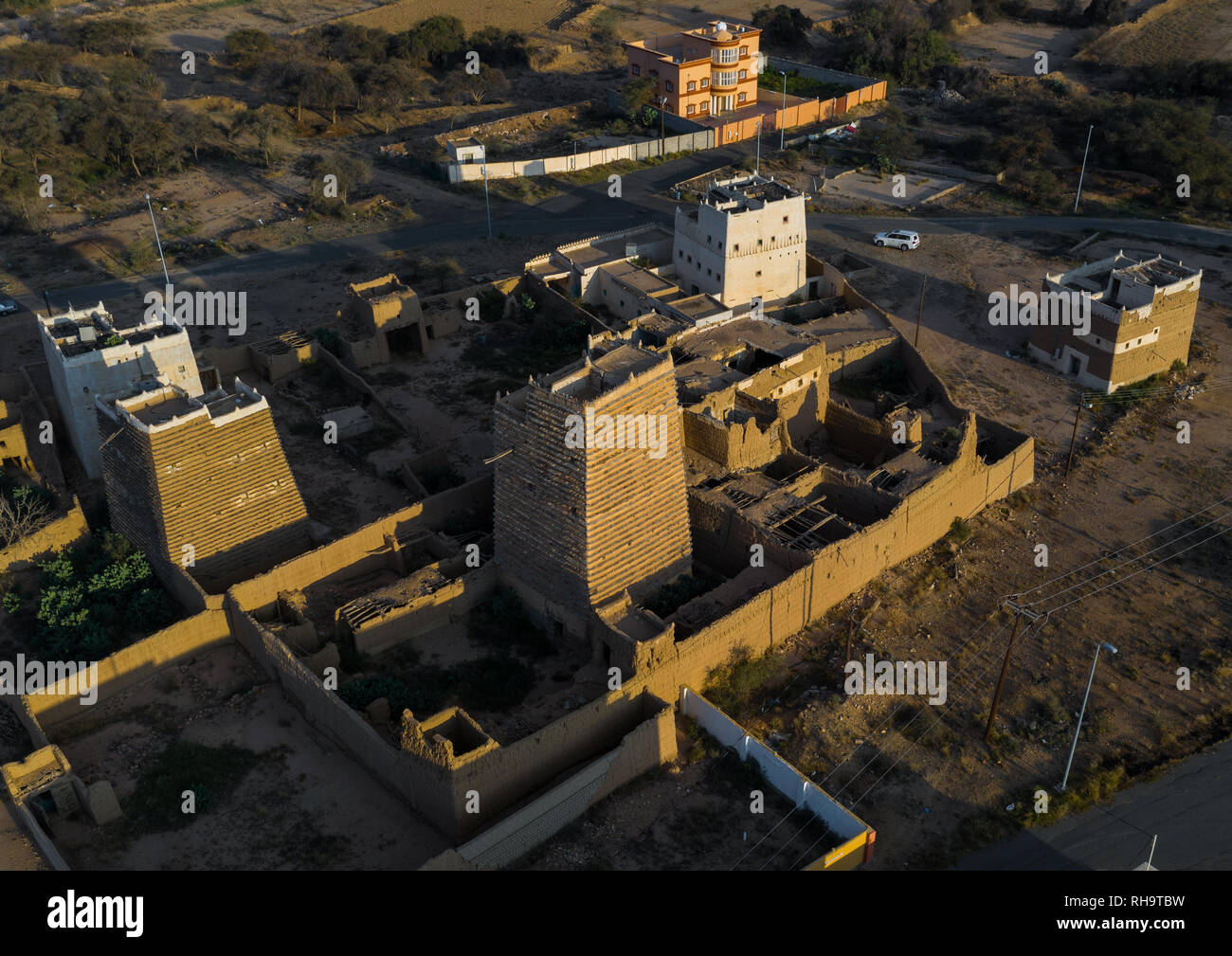 Aerial view of stone and mud houses with slates, Asir province, Ahad ...