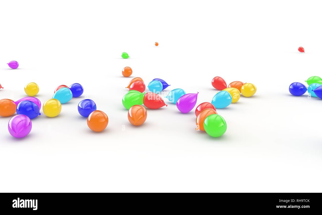 Colorful balloons fly to the floor. Isolated white background. 3D