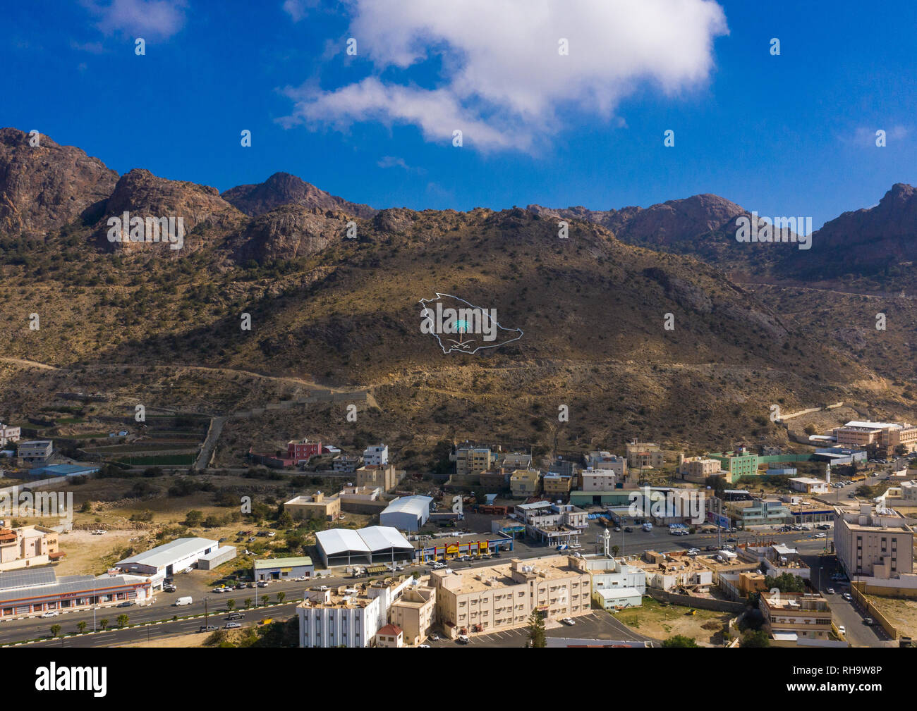 Aerial view of a Saudi Arabia map on a hill, Asir province, Abha, Saudi Arabia Stock Photo