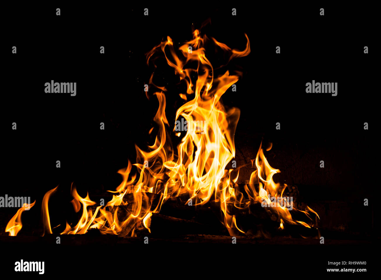 Fire Flames Burning Isolated On Black Background High Resolution Wood