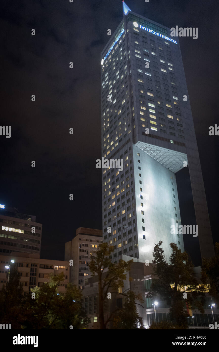 InterContinental Hotel in Warsaw, Poland at night looking up. Stock Photo