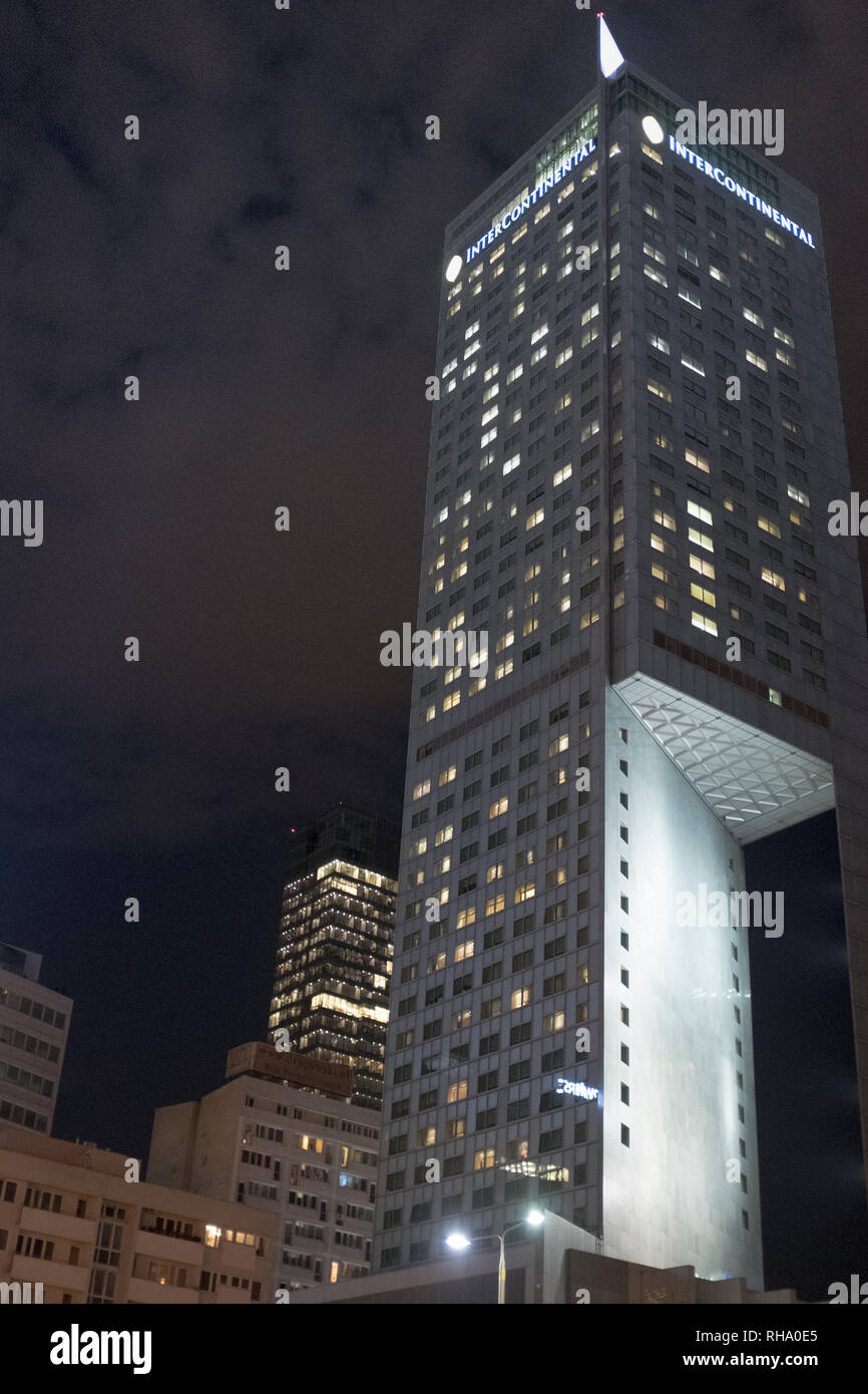 InterContinental Hotel in Warsaw, Poland at night looking up. Stock Photo