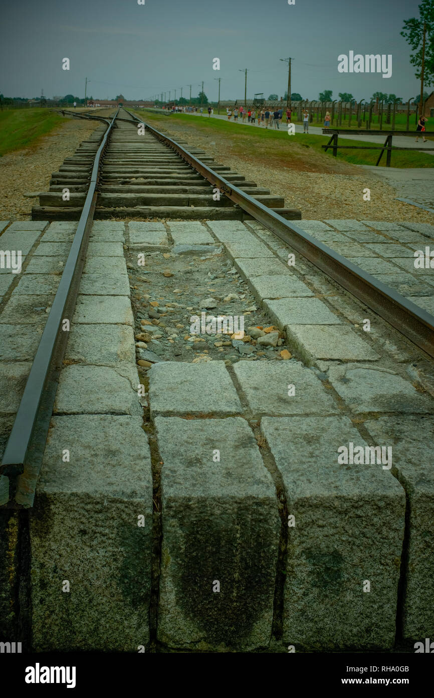 the end of the rail track inside Auschwitz Stock Photo