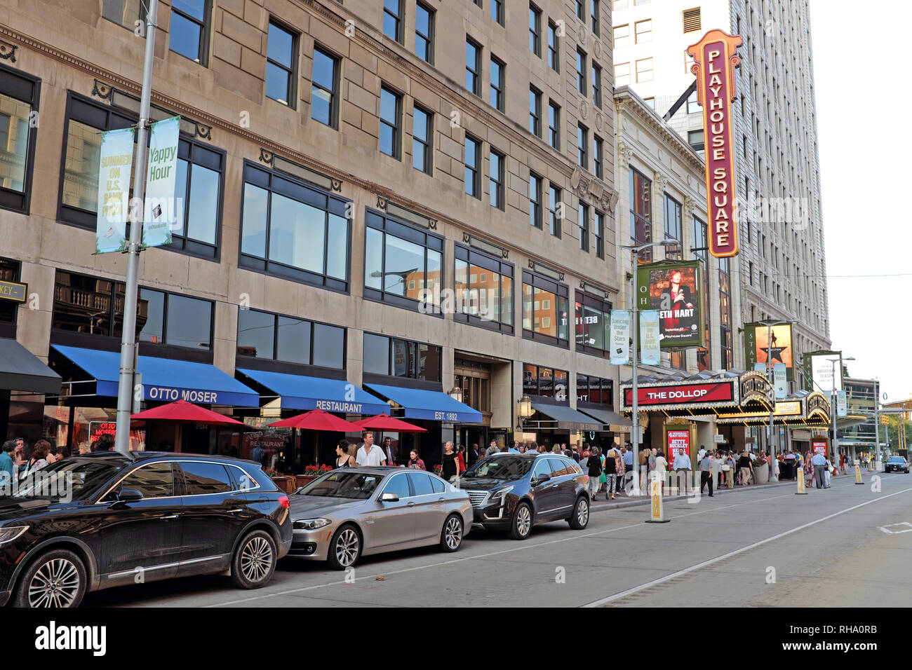 Several of the Playhouse Square theaters attracting theatergoers on a fall evening in downtown Cleveland, Ohio, USA. Stock Photo