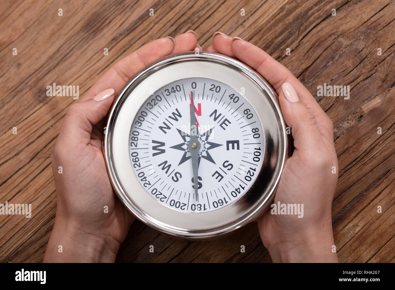 Elevated View Of A Woman's Hand Holding Compass Over Wooden Desk Stock Photo