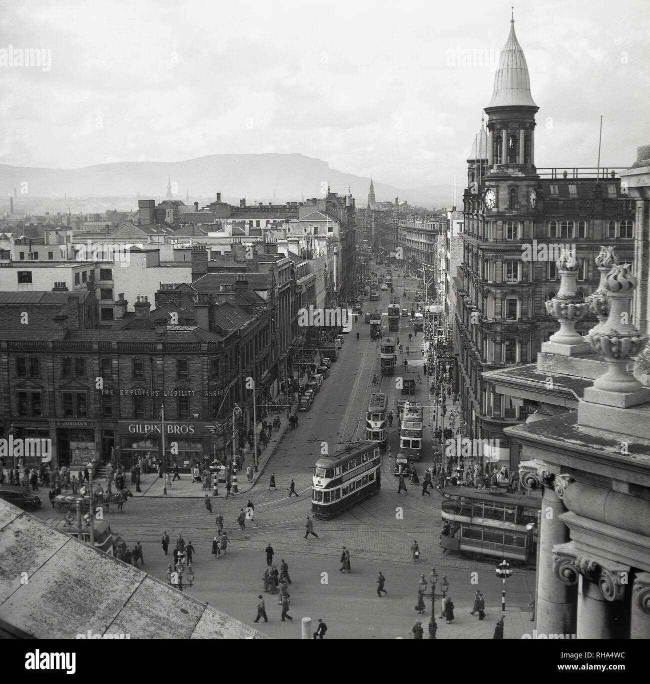 1950s, aerial view of Belfast city centre, Northern Ireland, activity