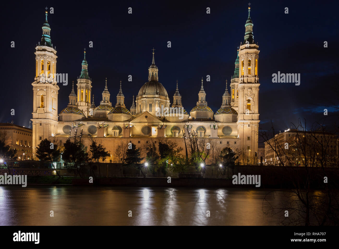 Night view of El PIlar basilica, Zaragoza. Spain Stock Photo