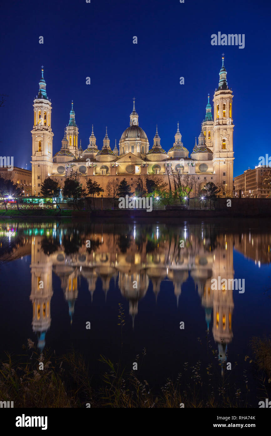 Night view of El PIlar basilica, Zaragoza. Spain Stock Photo