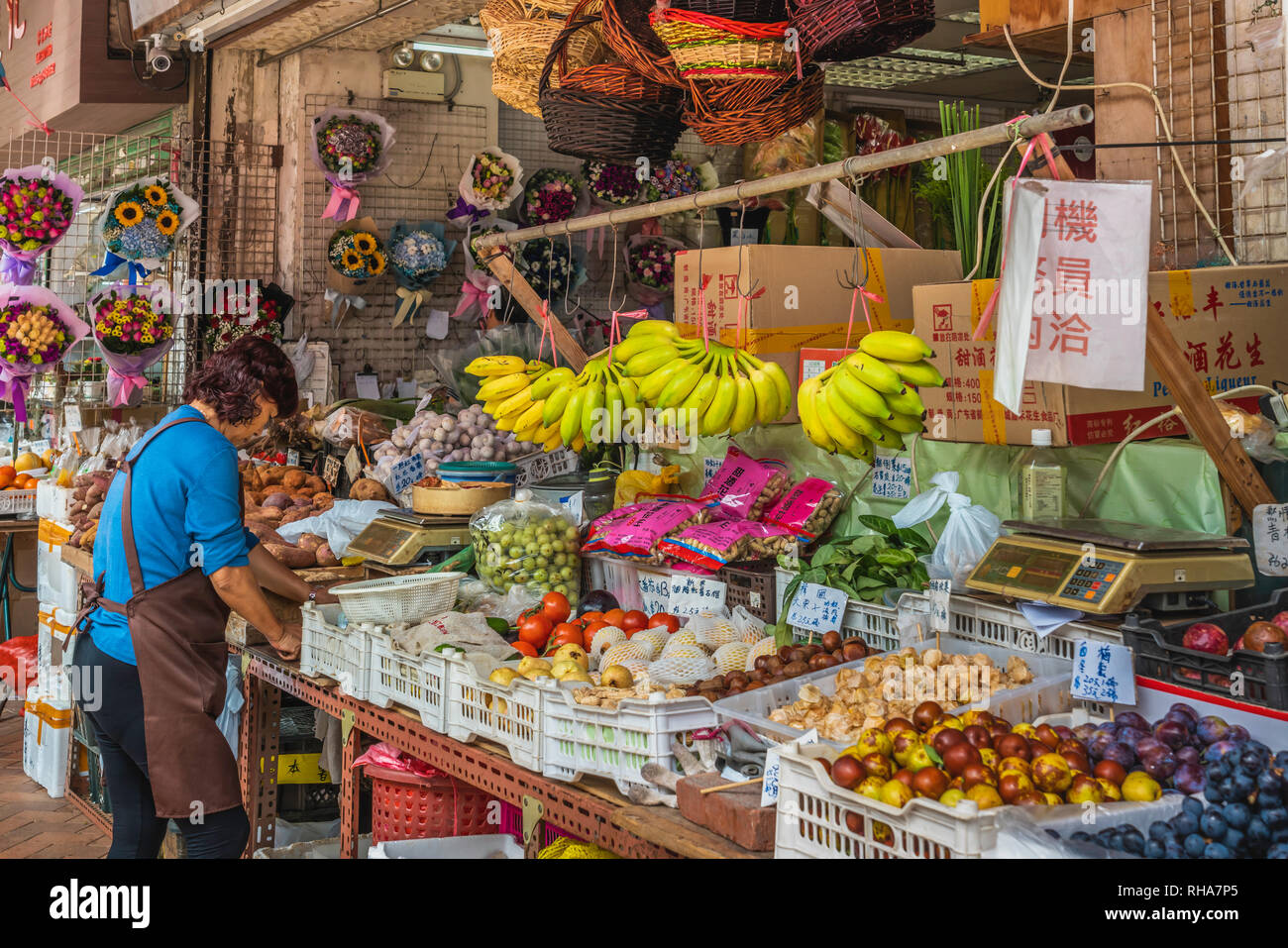 Flower and fruit shop at the Flower Market in Kowloon, Hong Kong, China