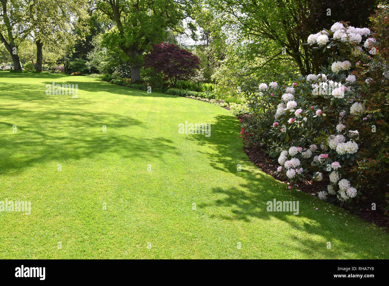 A perfect English country garden with manicured lawn surrounded by ...