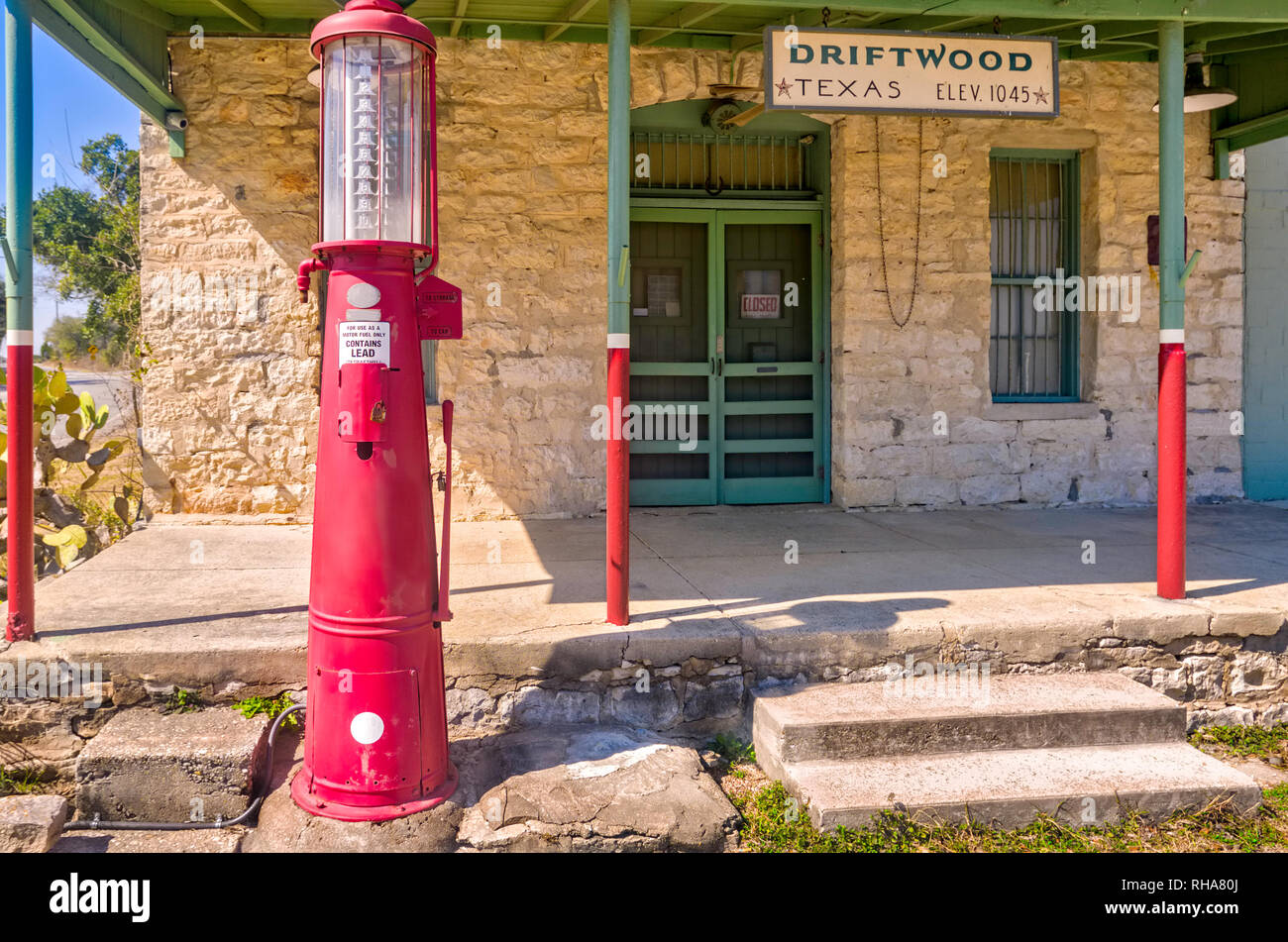 Old Limestone General Store With Antique Gasoline Pump And Screen