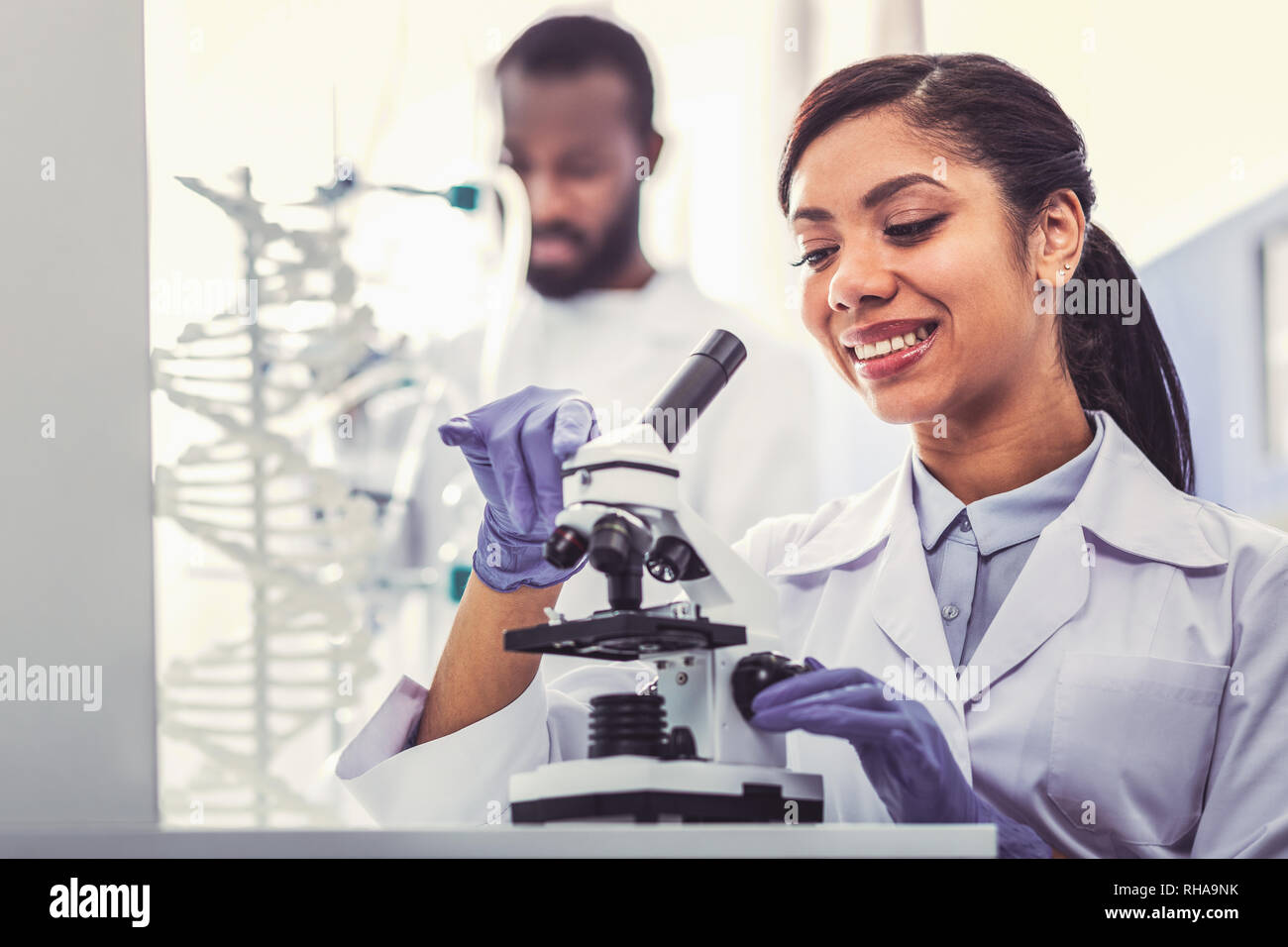 Smiling chemical assistant working with male boss Stock Photo - Alamy