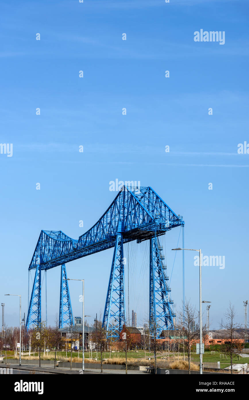 The Middlesbrough Transporter Bridge; the gondola can carry 200 people, 9 cars or 6 cars and one minibus. Stock Photo