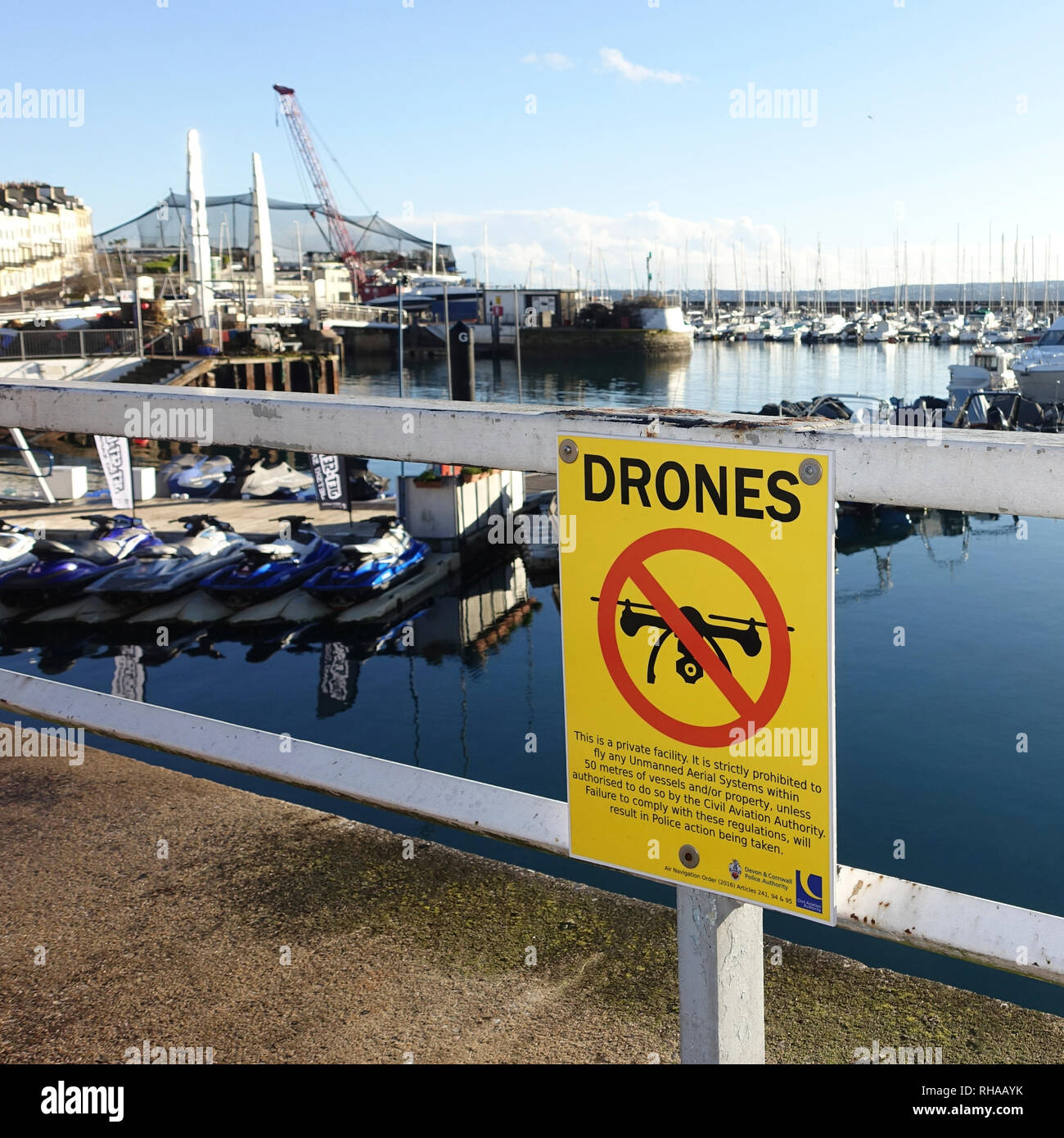 Sign banning the use of drones at Torquay Marina Stock Photo