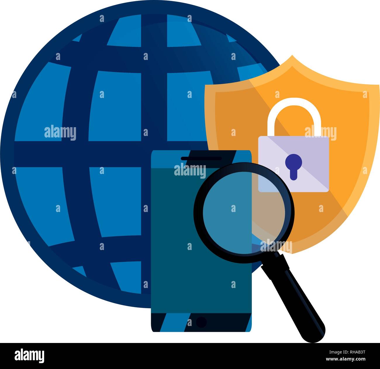 world cellhpone analysis shield protection digital copyright vector illustration Stock Vector