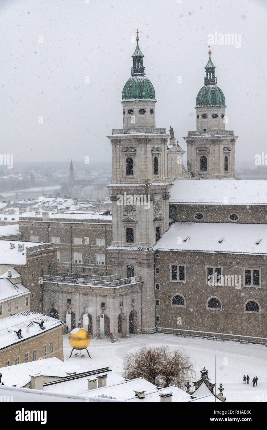 Cathedral in a snow day, Salzburg, Austria Stock Photo