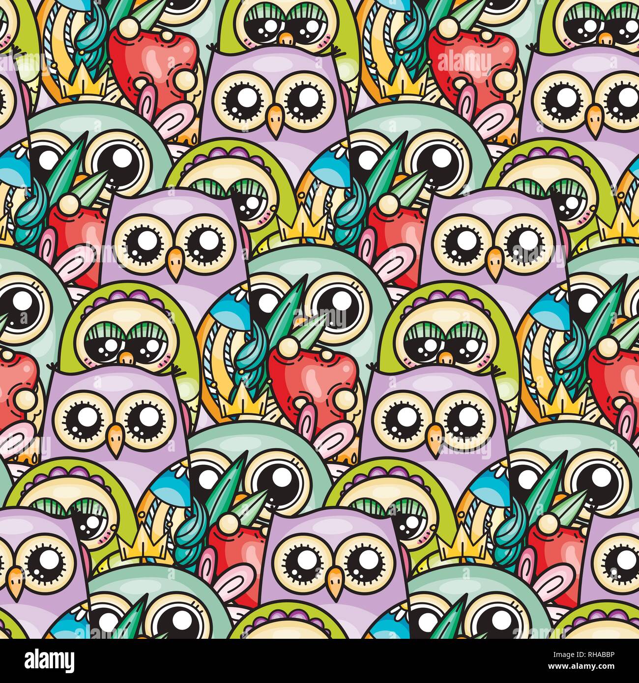 Seamless pattern with cute cartoon owls and furry owlets in pastel ...