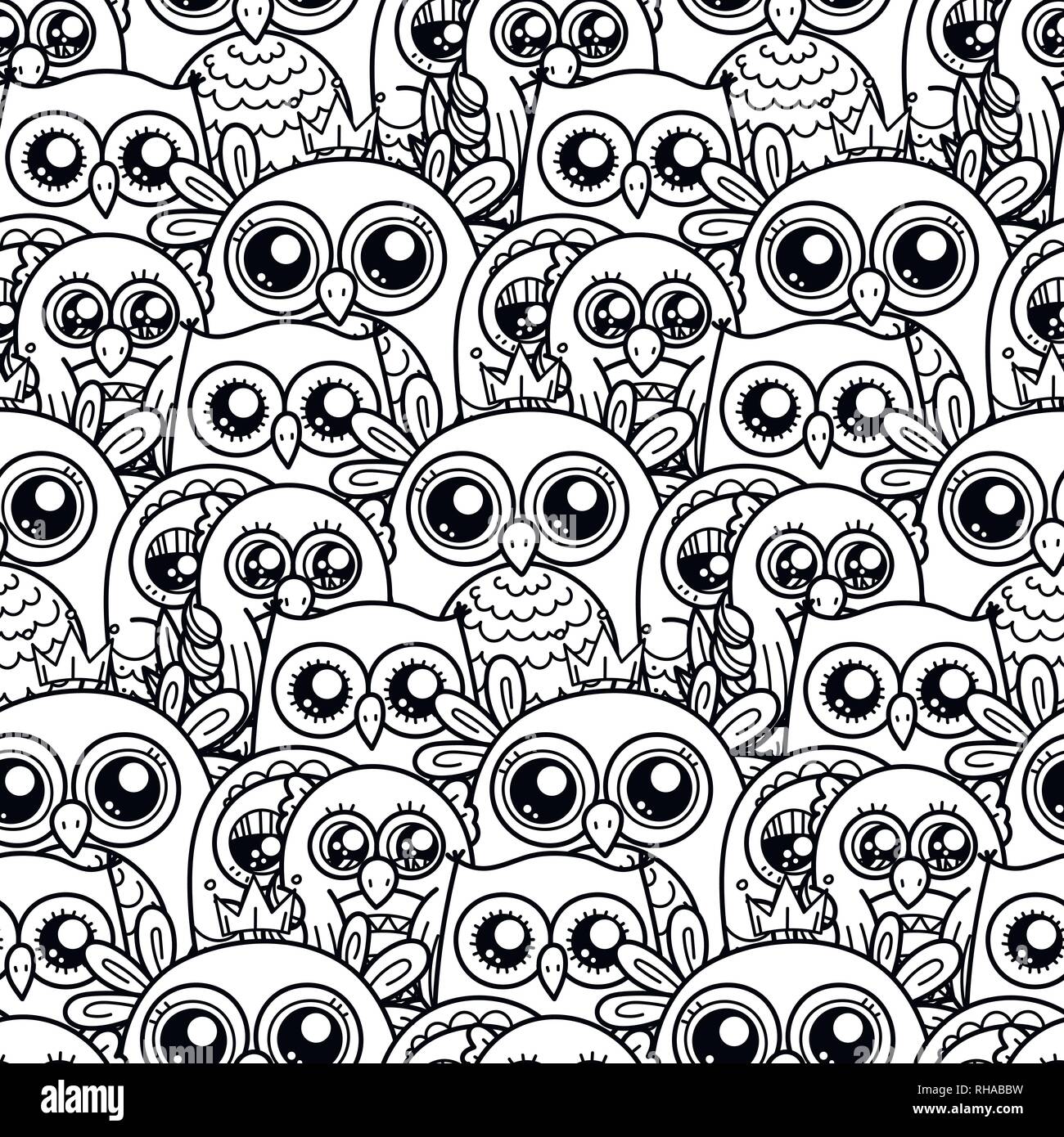 Seamless pattern with cute cartoon owls and furry owlets in pastel ...