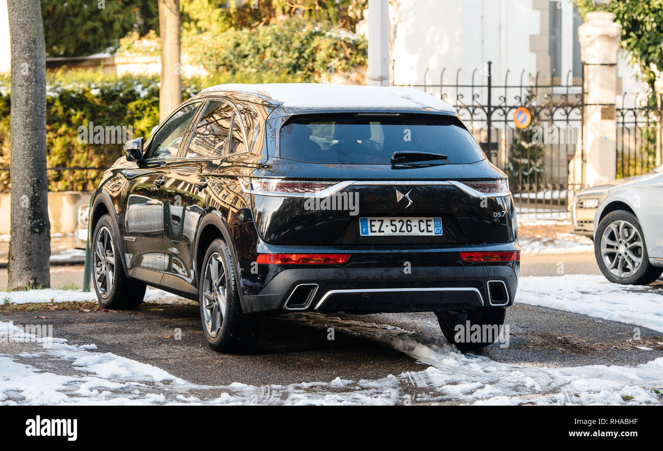 Strasbourg, France - Dec 18, 2018: Black luxury new Citroen DS7 a compact luxury crossover SUV parked on a French street in the winter Stock Photo