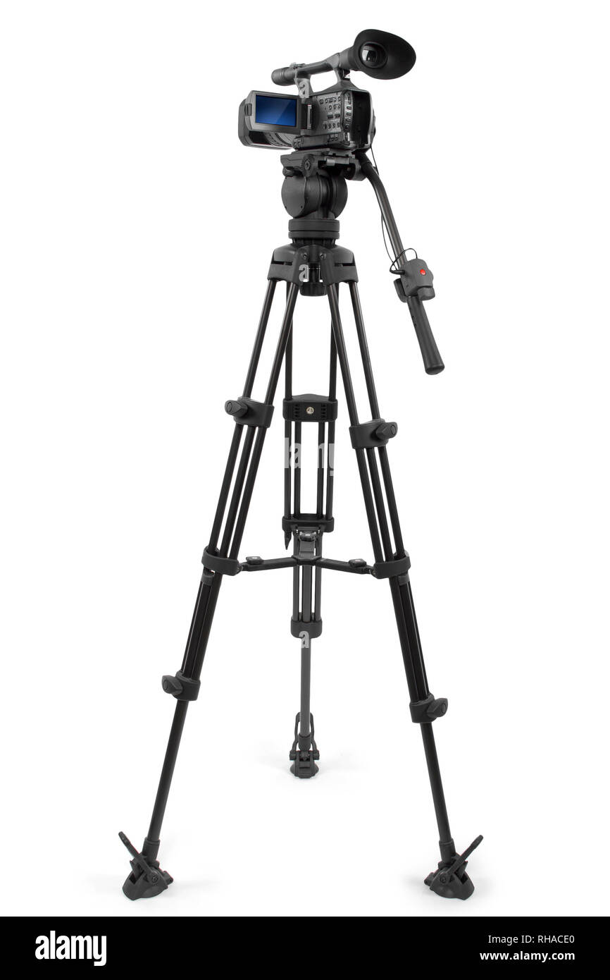 production camera on a tripod and isolated on white background Stock