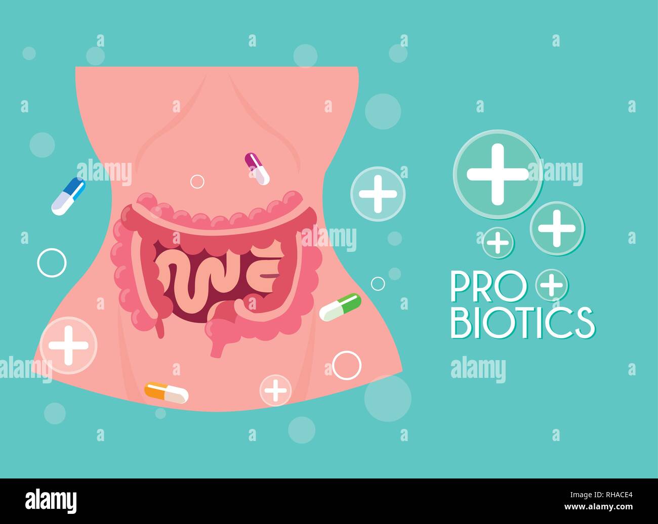 body of woman with capsules medicines probiotics vector illustration ...