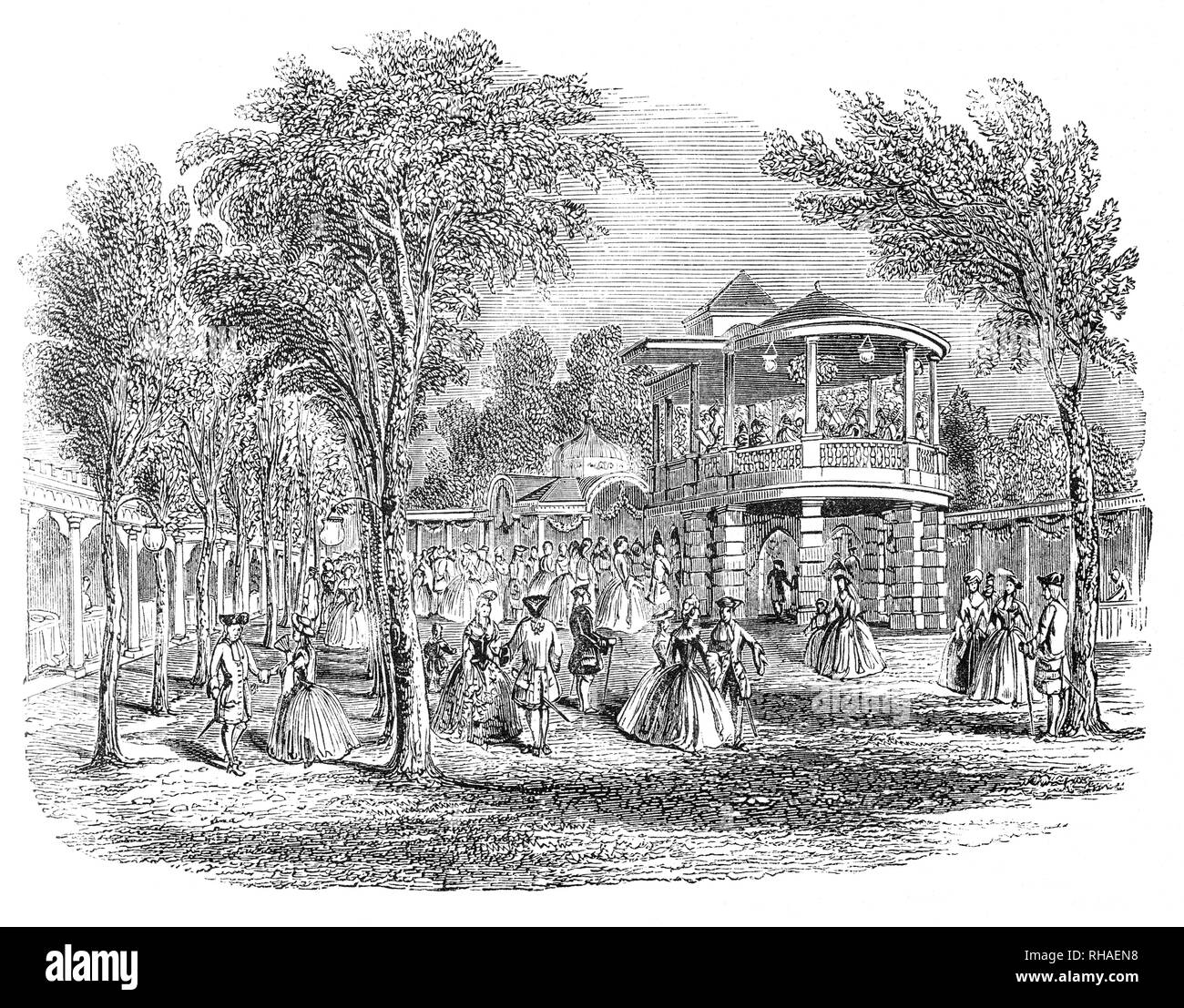 Vauxhall Gardens, a pleasure garden in Kennington on the south bank of the River Thames in 1751.   It was one of the leading venues for public entertainment in London, from the mid-17th century to the mid-19th century. Originally known as 'New Spring Gardens', the site is believed to have opened before the Restoration of 1660, the first known mention being made by Samuel Pepys in 1662. The Gardens consisted of several acres of trees and shrubs with attractive walks. Stock Photo