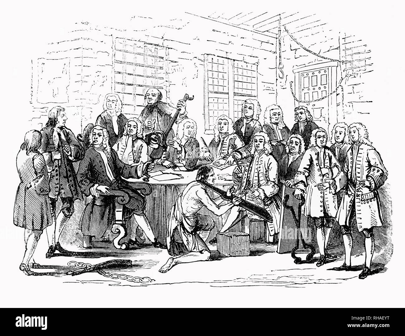 The head of the prison was termed the warden, who was appointed by letters patent. It became a frequent practice of the holder of the patent to farm out the prison to the highest bidder. One was Thomas Bambridge, who became warden in 1728 and guilty of the greatest extortions upon prisoners according to a committee of the House of Commons appointed to inquire into the state of English gaols. He destroyed prisoners for debt and treated them in the most barbarous and cruel manner, in high violation and contempt of the laws. He was committed to Newgate Prison, and prevented taking office. Stock Photo