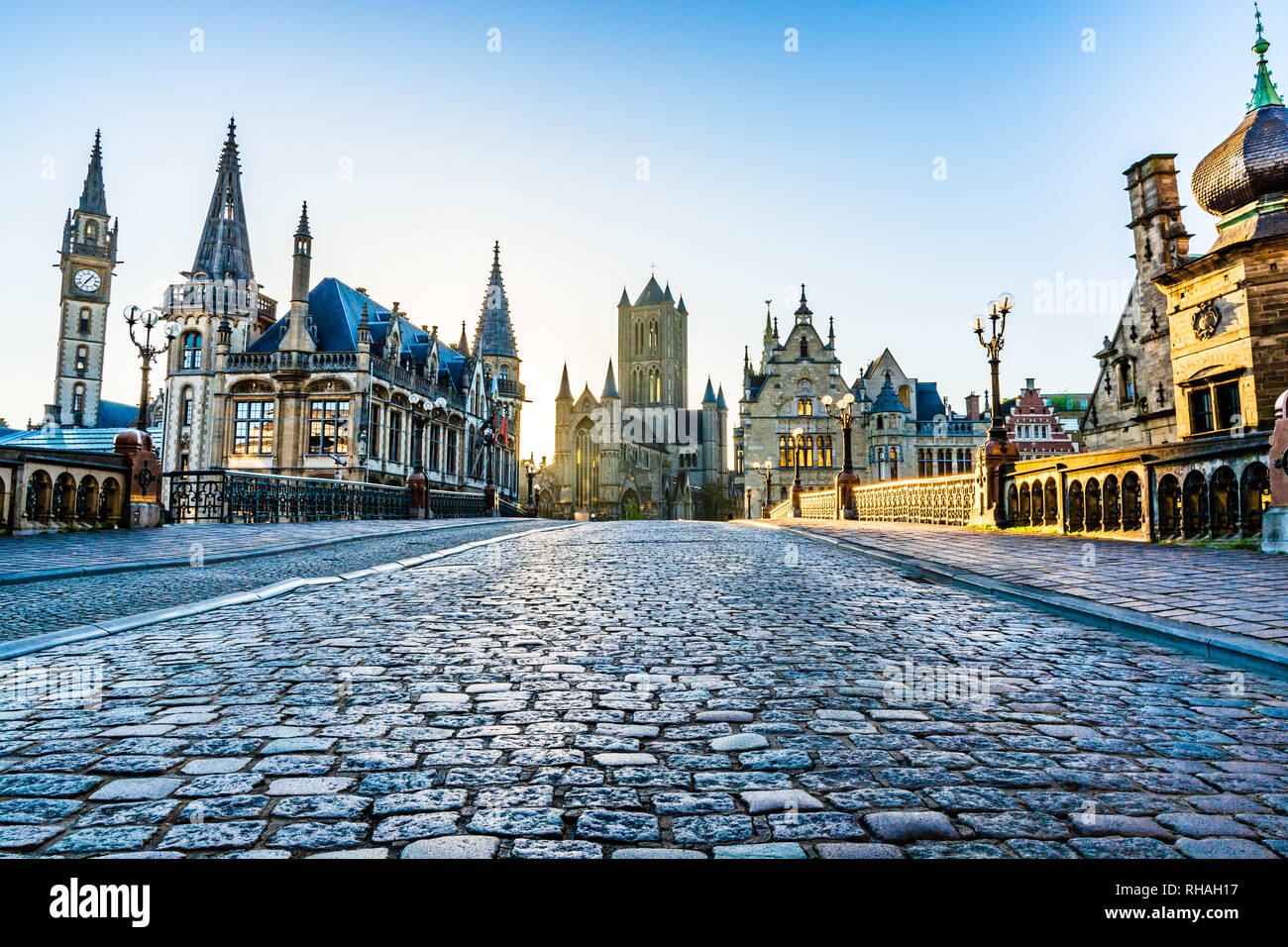 Ghent, Belgium Skyline of city landmarks seen from St. Michael’s