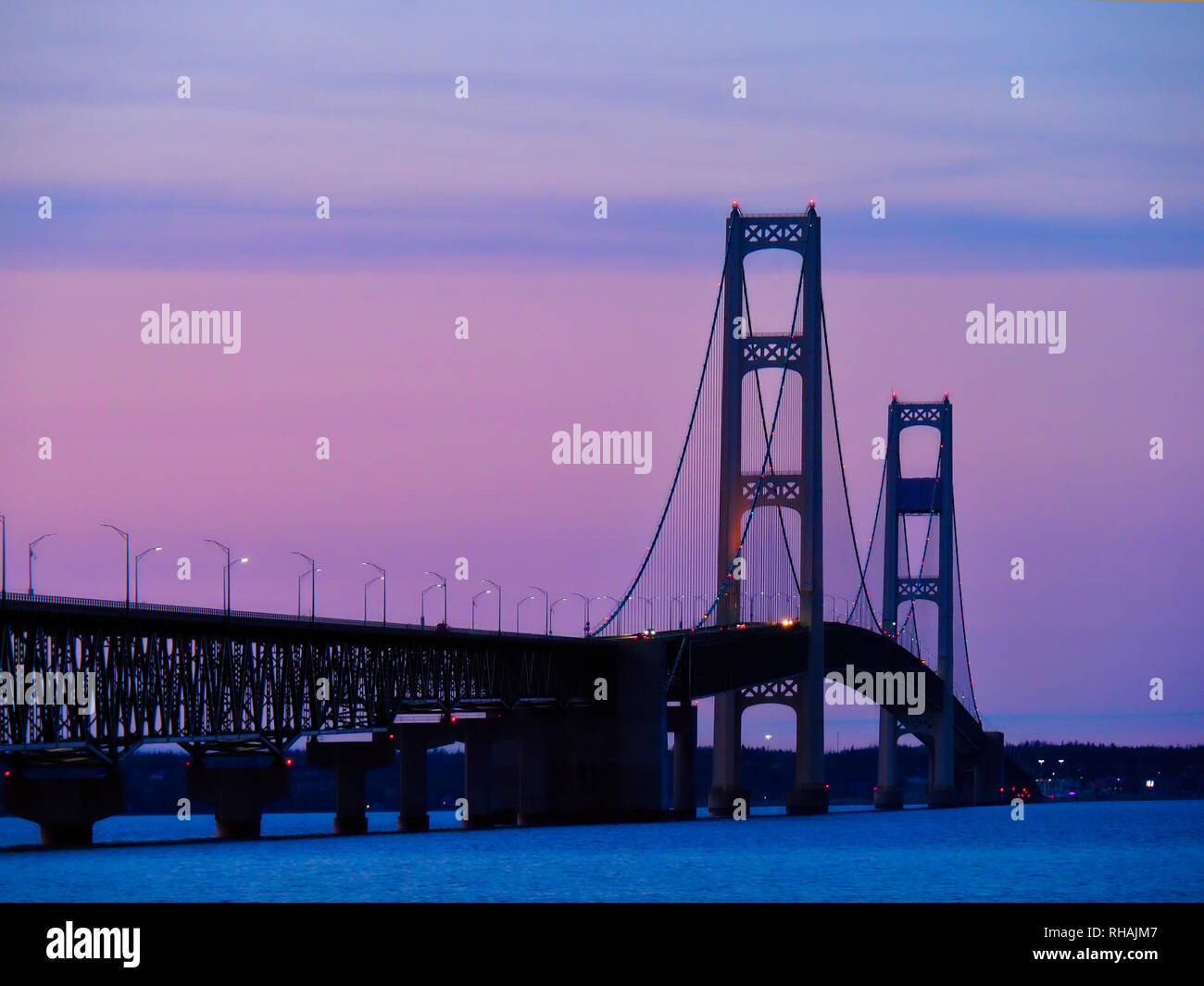 Mackinac Bridge at dusk, Saint Ignace and Mackinaw City, Michigan, USA