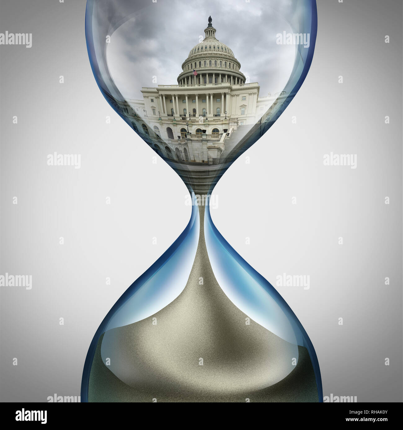 United States government deadline and US congress or American political trouble as an hourglass with leadership legislation time pressure. Stock Photo