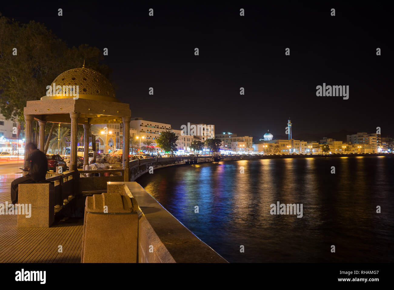 Waterfront at Mutrah of Muscat at night Stock Photo