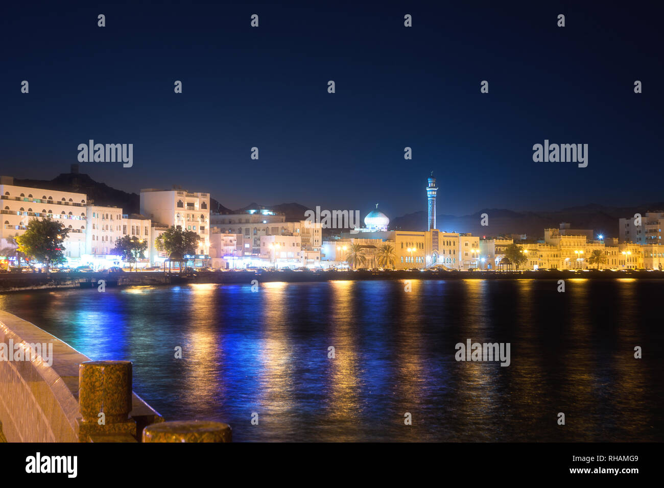 Waterfront at Mutrah of Muscat at night Stock Photo