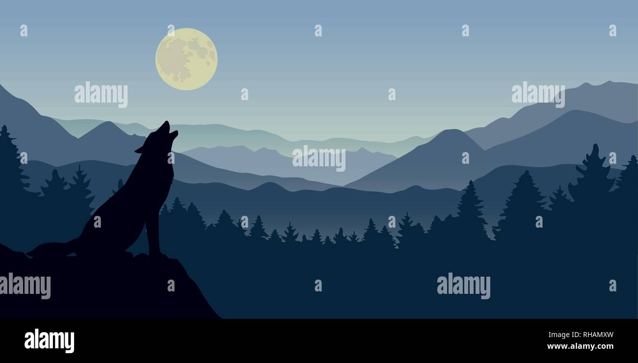 wolf howls at the full moon blue foggy mountain and forest nature landscape vector illustration EPS10 Stock Vector