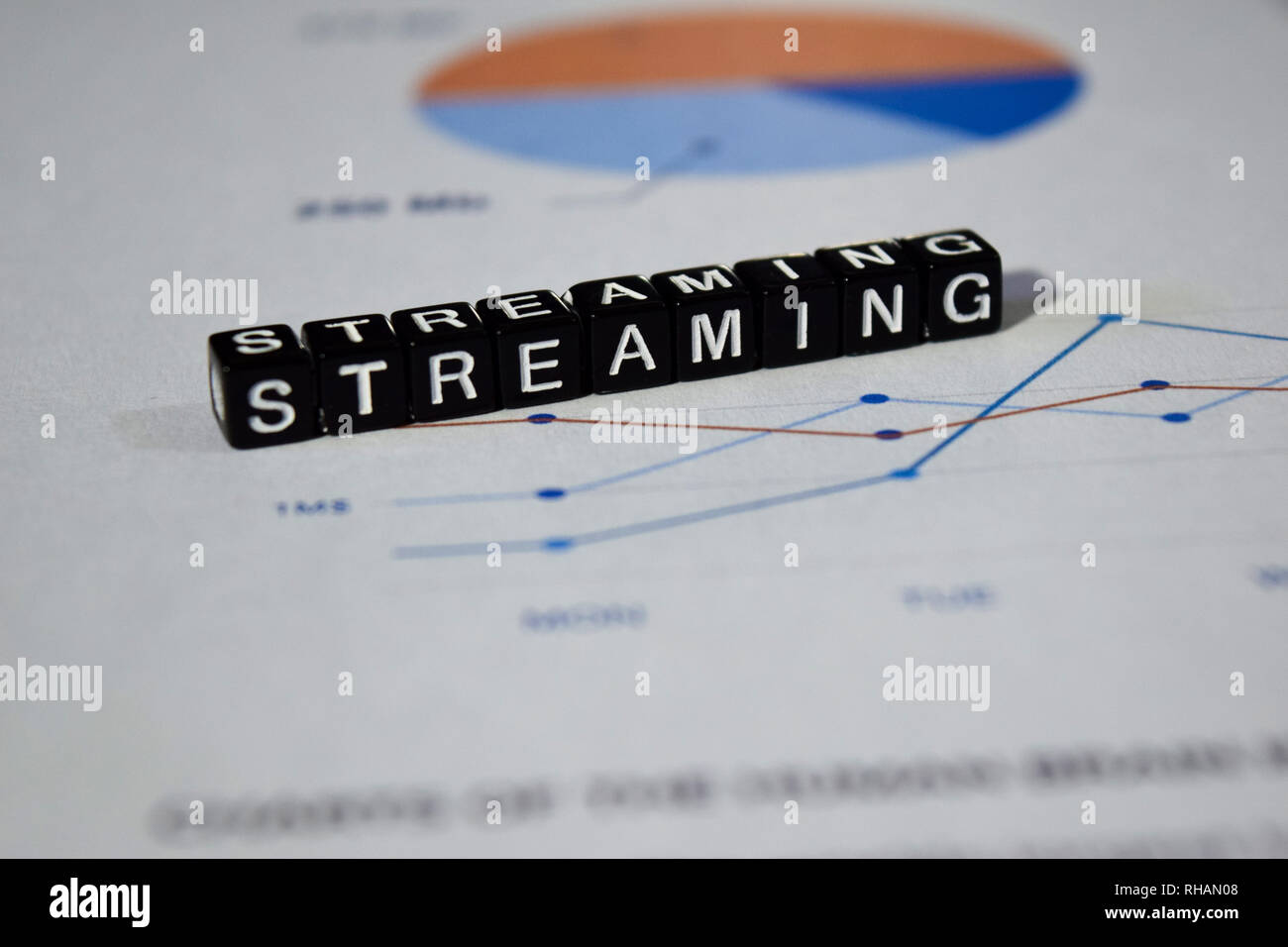 Streaming on wooden blocks. Technology Data Network Transfer Concept Stock Photo