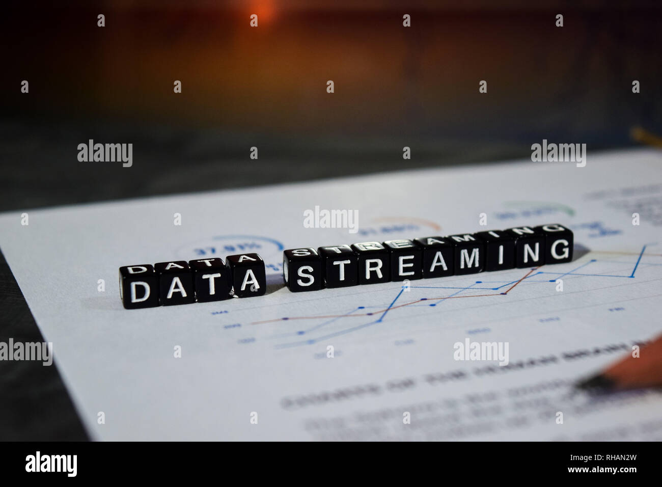 Data Streaming on wooden blocks. Transfer Connection Technology Networking Concept Stock Photo