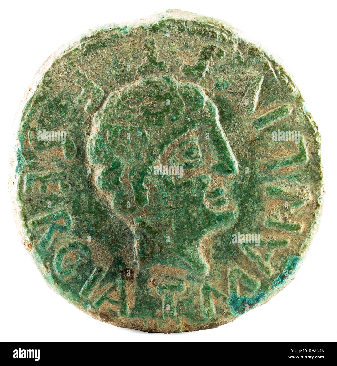 Ancient Iberian bronze coin minted in Brutobriga. As. Obverse. Stock Photo