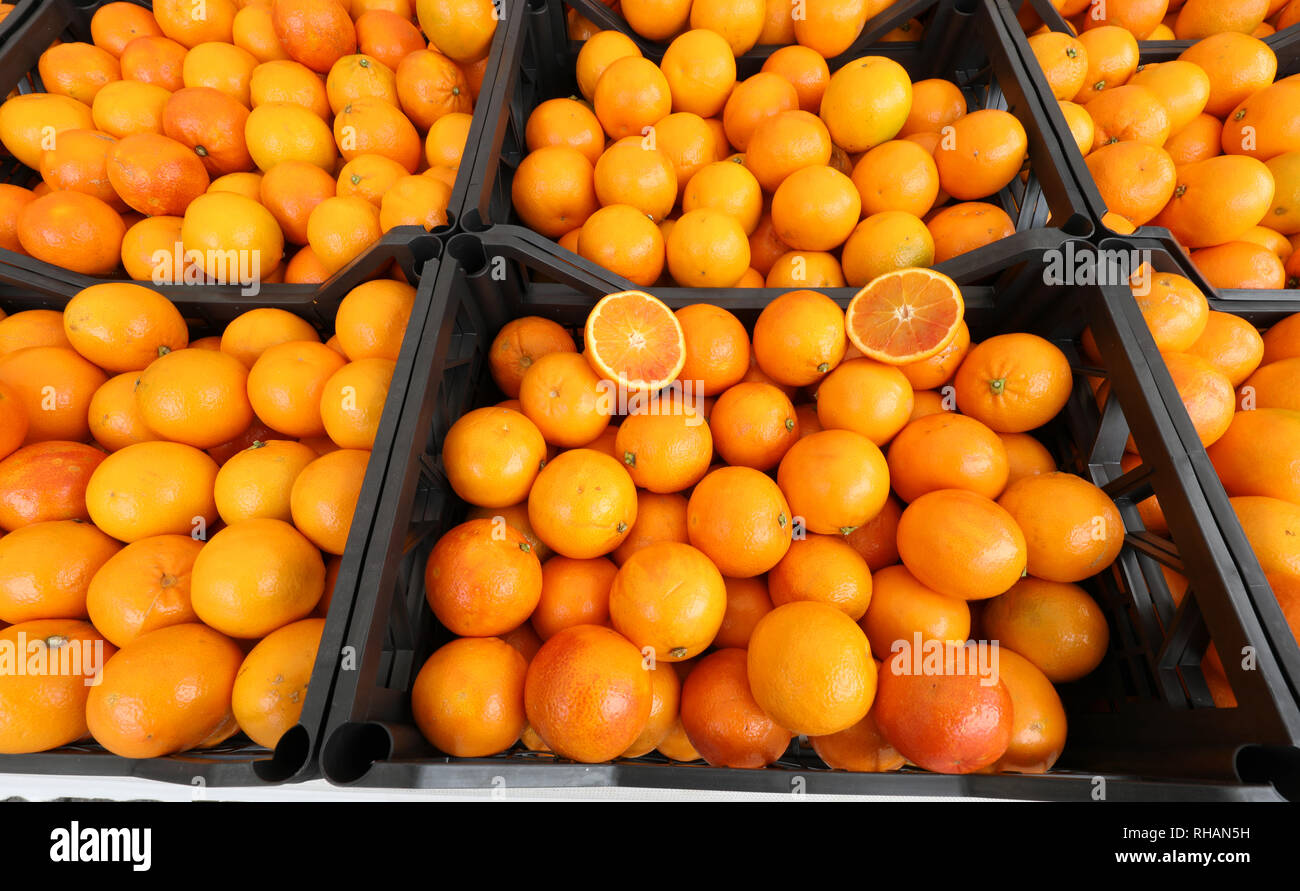 boxes of fresh oranges for sale at the local market Stock Photo - Alamy