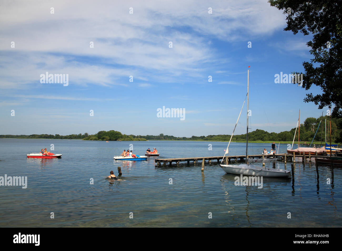 boat rent in  Zarrentin, lake Schaalsee, Mecklenburg Western Pomerania, Germany, Europe Stock Photo