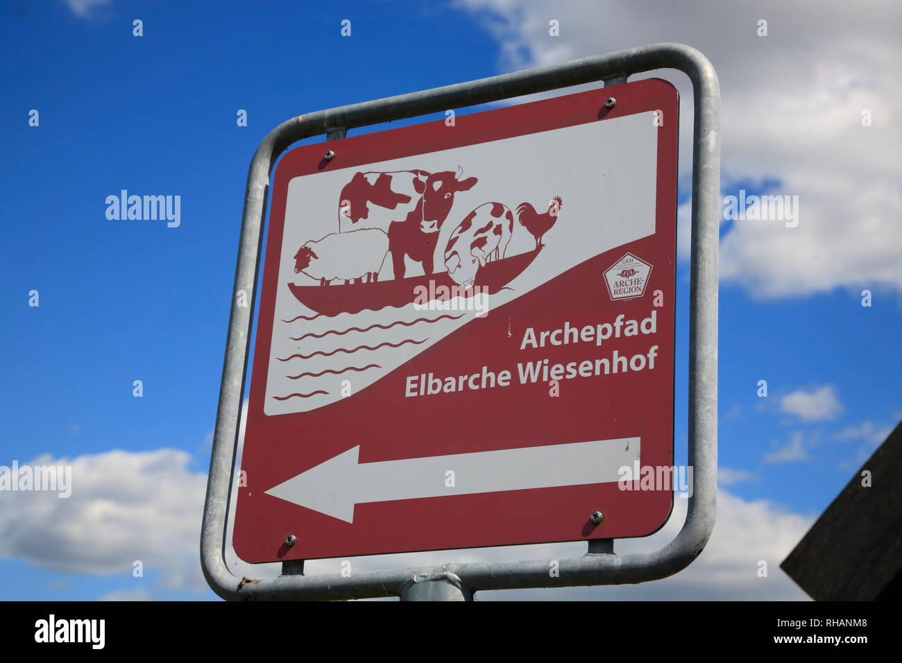 Sign for Arche-Region, Amt Neuhaus  / Elbe, Lower Saxony, Germany, Europe Stock Photo